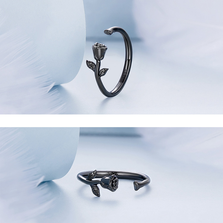 Bague Rose en argent 925 plaqué noir ajustable - Photo 4