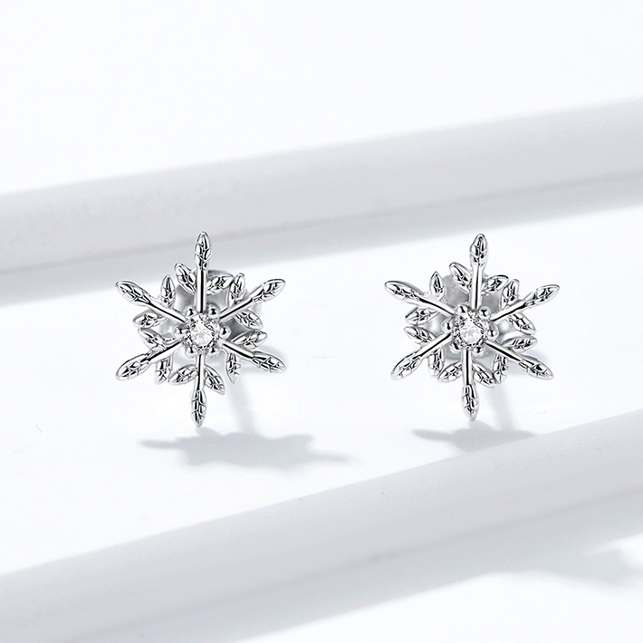 Boucles d’Oreilles Flocon de Neige Puces en Argent Sterling 925 plaqué or blanc - Photo 3