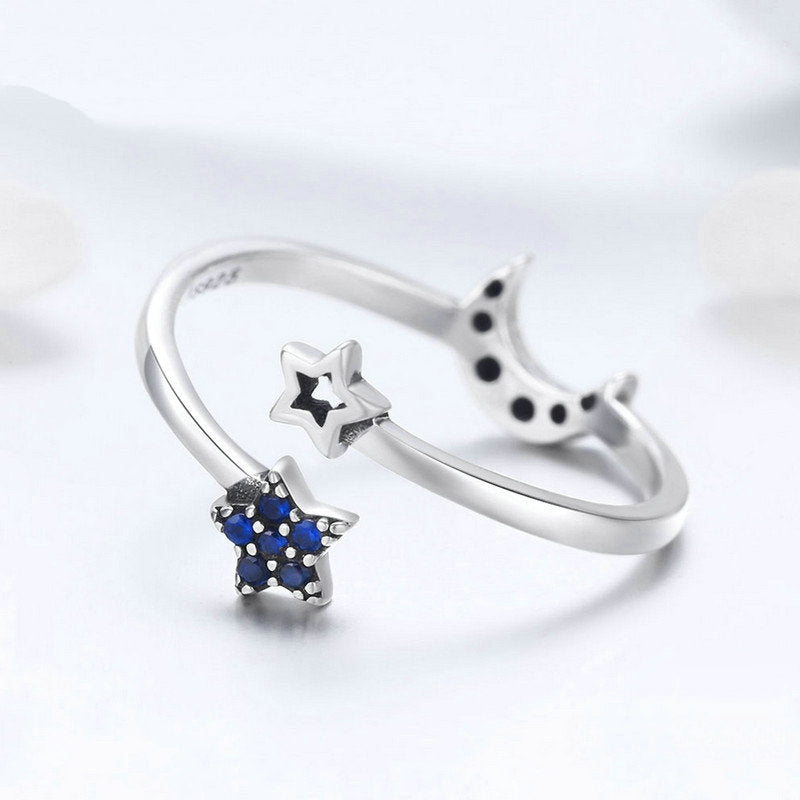 Bague Lune et Étoiles en argent 925 plaqué or blanc ajustable avec zircons bleus - Photo 4