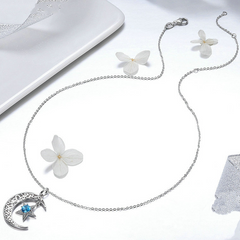Collier Lune et Étoile Argent Sterling 925 plaqué or blanc avec zircons blancs et bleus - Photo 4