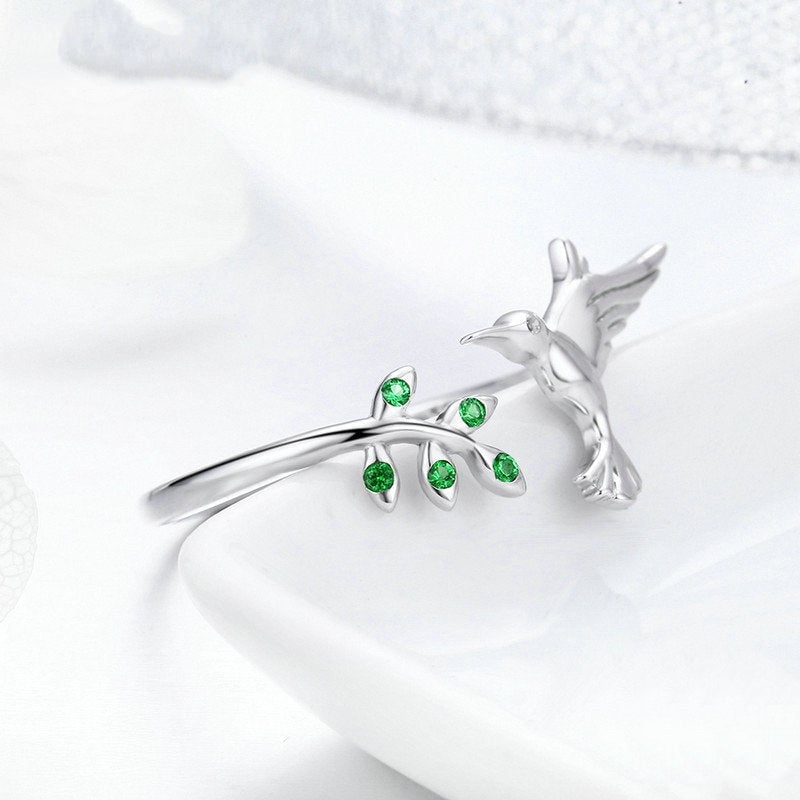 Bague Colibri en argent 925 plaqué or blanc avec zircons verts ajustable - Photo 3