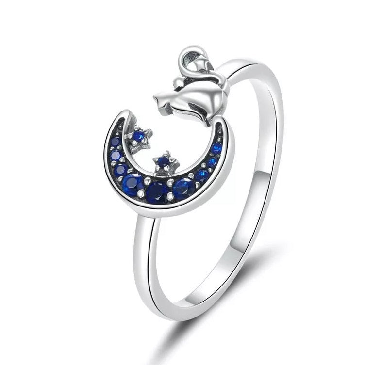 Bague Chat avec Lune en argent 925 plaqué or blanc ajustable avec zircons bleus