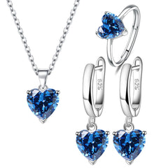 Parure de Bijoux Coeur Argent Sterling 925 plaqué or blanc avec collier, boucles d’oreilles et bague ajustable avec zircons bleus