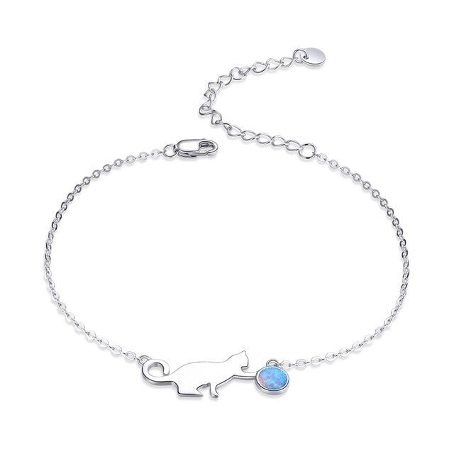 Bracelet Chat qui Joue Argent Sterling 925 plaqué or blanc avec opale et fermoir ajustable
