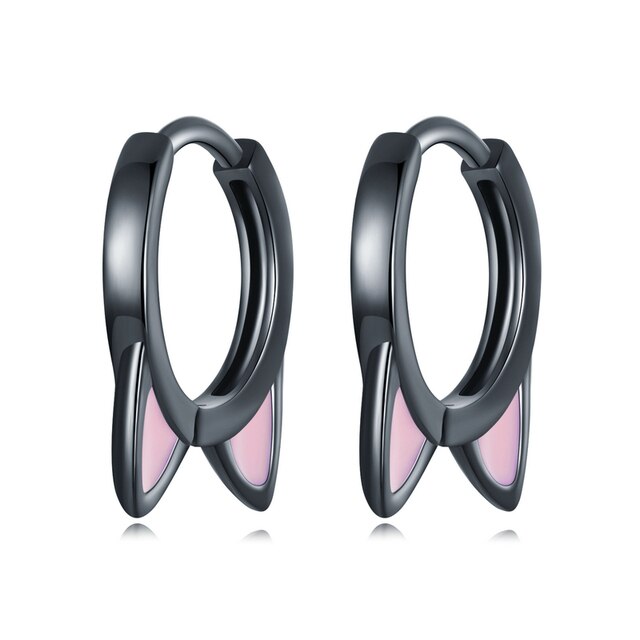 Boucles d’Oreilles Créoles Oreilles de Chat en argent 925 plaqué noir émaillé rose