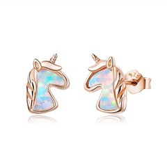 Boucles d’Oreilles Licorne avec Opales Puces en Argent Sterling 925 plaqué or rose avec opales
