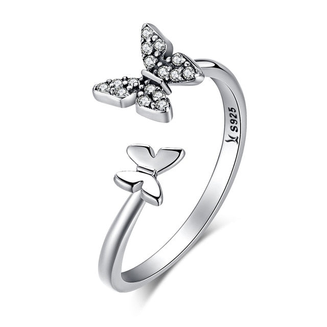 Bague Papillons en argent 925 plaqué or blanc ajustable avec zircons blancs