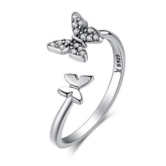 Bague Papillons en argent 925 plaqué or blanc ajustable avec zircons blancs