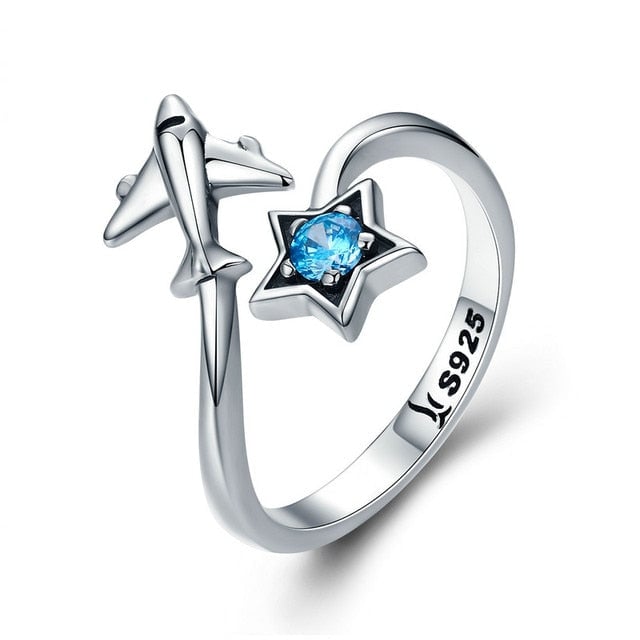 Bague Avion et Étoile en argent 925 plaqué or blanc ajustable avec zircon bleu