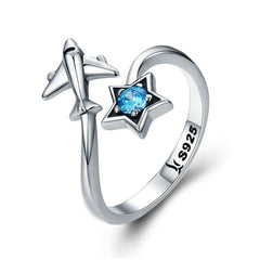 Bague Avion et Étoile en argent 925 plaqué or blanc ajustable avec zircon bleu