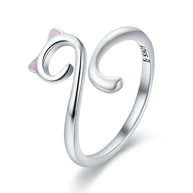Bague Chat en argent 925 plaqué or blanc ajustable avec oreilles émaillées roses