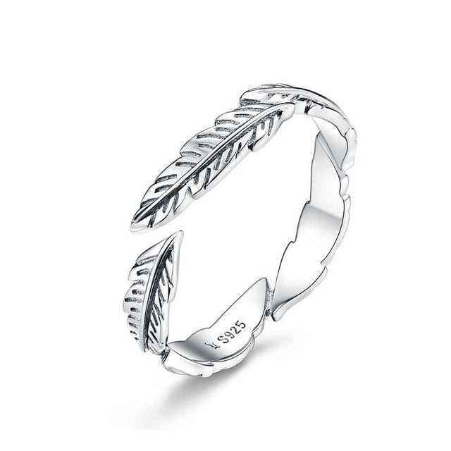 Bague Plumes en argent 925 plaqué or blanc ajustable