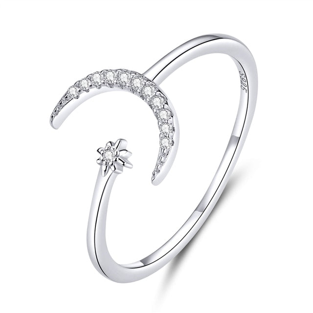 Bague Lune et Étoile Comète en argent 925 plaqué or blanc ajustable avec zircons blancs