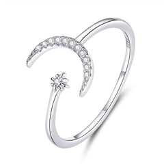 Bague Lune et Étoile Comète en argent 925 plaqué or blanc ajustable avec zircons blancs