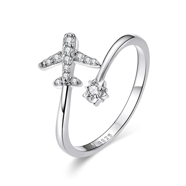 Bague Avion Brillant en argent 925 plaqué or blanc ajustable avec zircons blancs