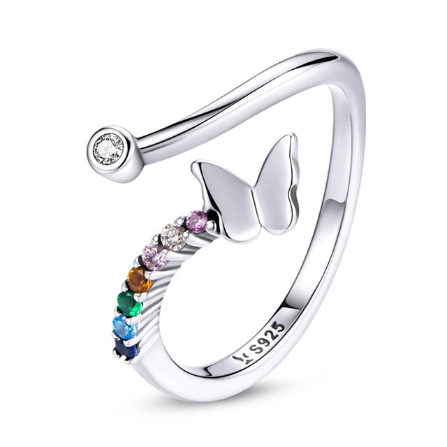 Bague Papillon en argent 925 plaqué or blanc ajustable avec zircons colorés