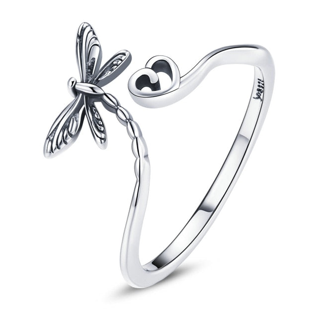 Bague Libellule avec Coeur en argent 925 plaqué or blanc ajustable
