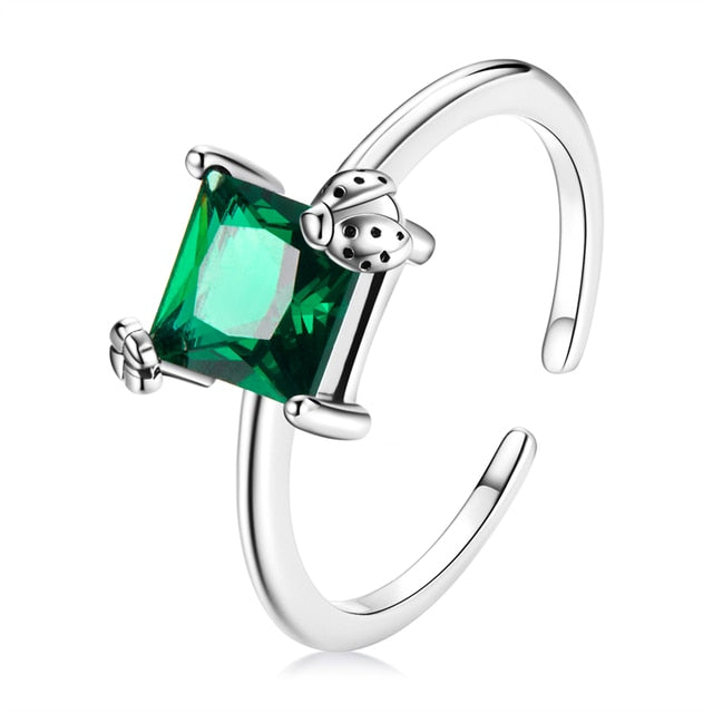 Bague Coccinelle en argent 925 plaqué or blanc ajustable avec zircon vert