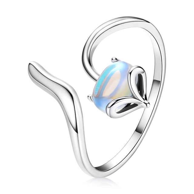 Bague Renard en argent 925 plaqué or blanc ajustable avec pierre de lune