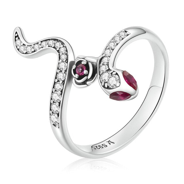 Bague Serpent avec Rose en argent 925 plaqué or blanc avec zircons blancs et rouges