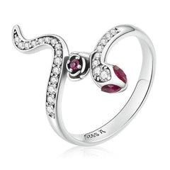 Bague Serpent avec Rose en argent 925 plaqué or blanc avec zircons blancs et rouges - Photo 4