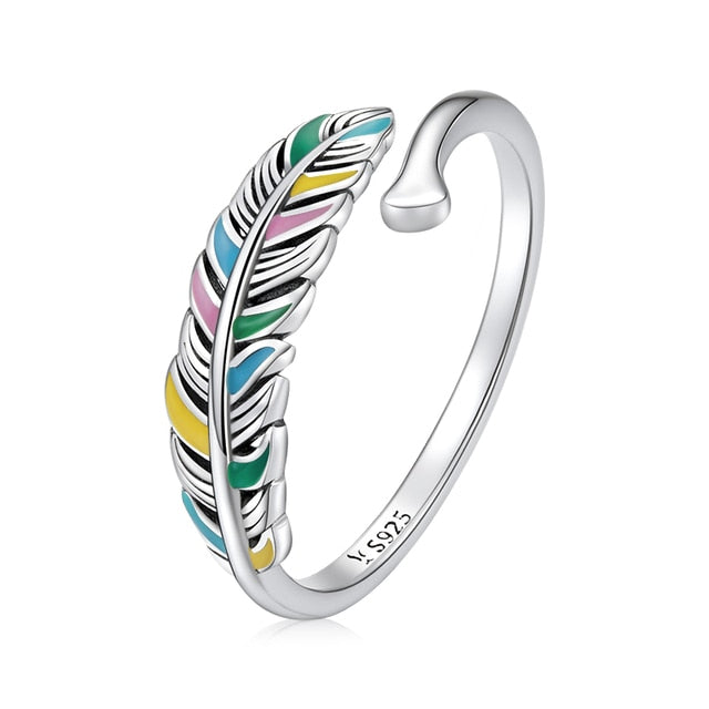 Bague Plume en argent 925 plaqué or blanc ajustable émaillé à la main