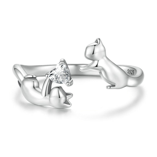 Bague Chats en argent 925 plaqué or blanc ajustable avec coeur en zircon blanc