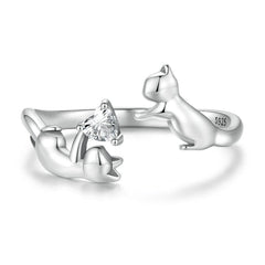 Bague Chats en argent 925 plaqué or blanc ajustable avec coeur en zircon blanc