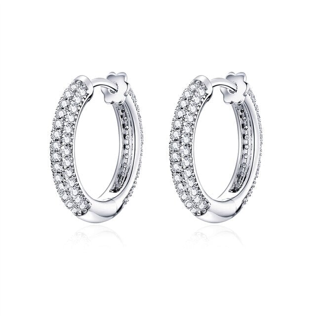 Boucles d’Oreilles Créoles Brillantes Argent Sterling 925 plaqué or blanc avec pavé de zircons