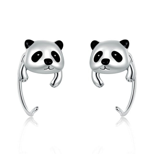 Boucles d’Oreilles Panda Argent Sterling 925 plaqué or blanc avec détails émaillés noirs