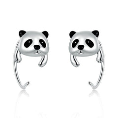 Boucles d’Oreilles Panda Argent Sterling 925 plaqué or blanc avec détails émaillés noirs