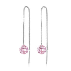 Chaînes d’Oreilles Roses Pendantes en Argent Sterling 925 plaqué or blanc avec zircons roses