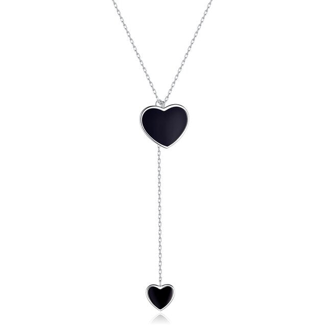 Collier Coeurs Noirs en argent 925 plaqué or blanc ajustable avec coeurs émaillés noirs