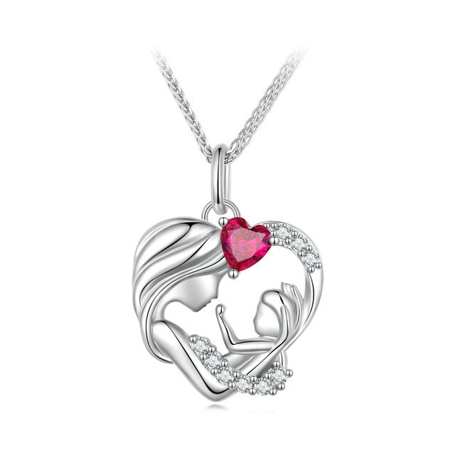 Collier Mère et Fils en argent 925 plaqué or blanc ajustable avec zircons blancs et rouge