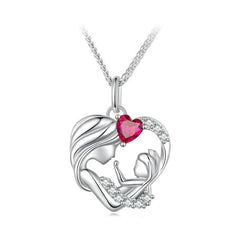 Collier Mère et Fils en argent 925 plaqué or blanc ajustable avec zircons blancs et rouge