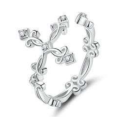 Bague Croix Ancienne en argent 925 plaqué or blanc ajustable avec zircons blancs