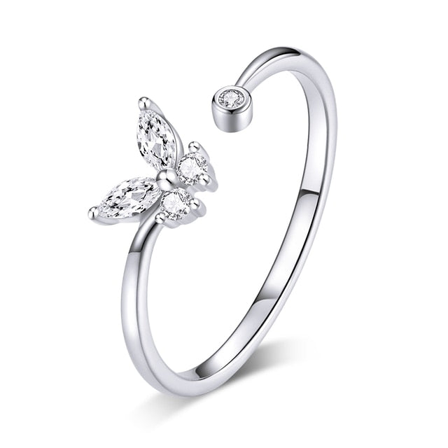 Bague Papillon Brillant en argent 925 plaqué or blanc ajustable avec zircons blancs
