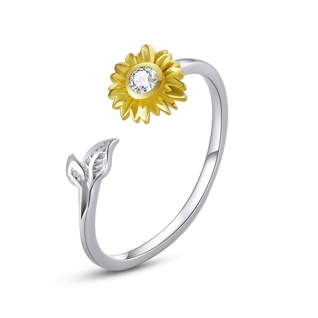 Bague Tournesol en argent 925 plaqué or blanc ajustable avec pétales plaqués or jaune et zircon blanc