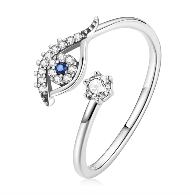 Bague Oeil de Protection en argent 925 plaqué or blanc ajustable avec zircons blancs et bleu