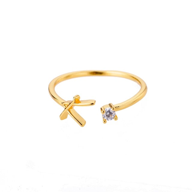 Bague avec Initiale avec lettre ajustable en acier inoxydable plaqué or blanc, or jaune ou or rose avec zircons blancs - Photo 16