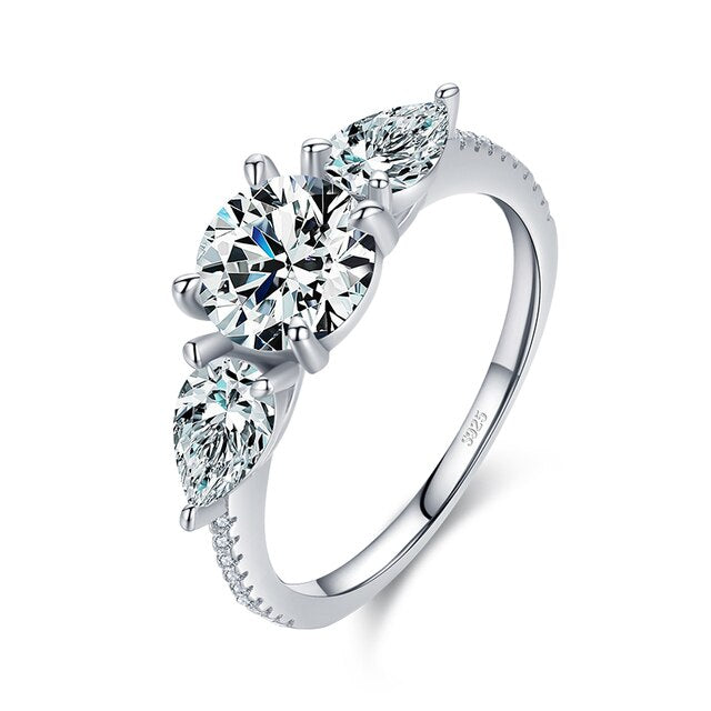Bague Trilogie en argent 925 plaqué or blanc avec zircons blancs taillés en brillant et en goutte