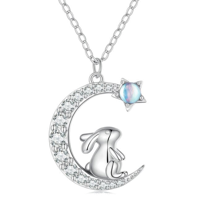 Collier Lune avec Lapin et Étoile Argent Sterling 925 plaqué or blanc avec pavé de zircons blancs et pierre de lune