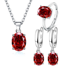 Parure de Bijoux Argent Sterling 925 plaqué or blanc avec collier, boucles d’oreilles et bague ajustable avec zircons rouges