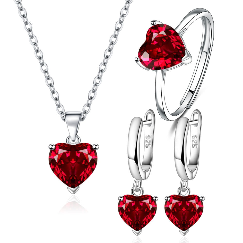 Parure de Bijoux Coeur Argent Sterling 925 plaqué or blanc avec collier, boucles d’oreilles et bague ajustable avec zircons rouges