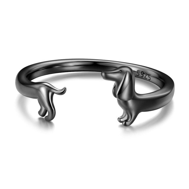 Bague Chien Teckel Argent Sterling 925 plaqué noir – ajustable