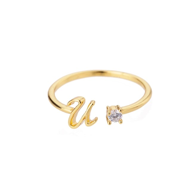 Bague avec Initiale avec lettre ajustable en acier inoxydable plaqué or blanc, or jaune ou or rose avec zircons blancs - Photo 6