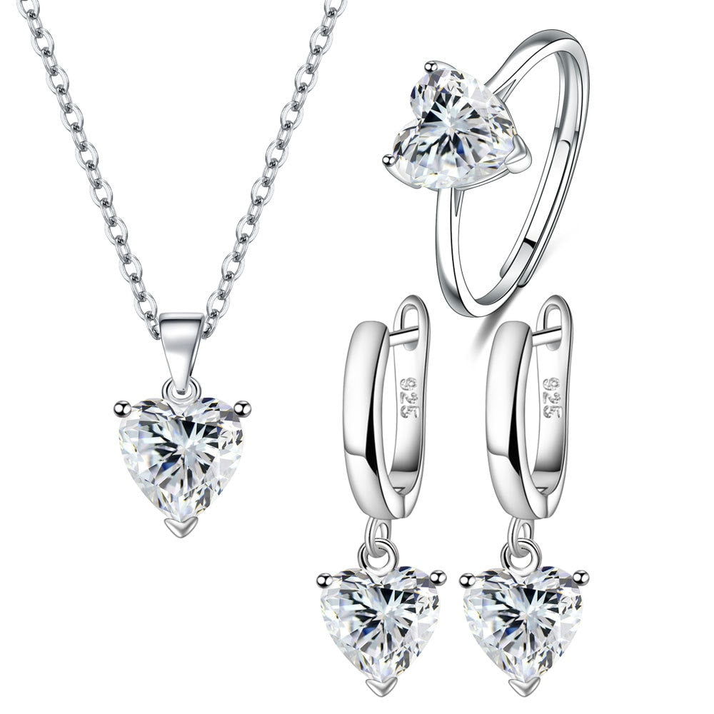 Parure de Bijoux Coeur Argent Sterling 925 plaqué or blanc avec collier, boucles d’oreilles et bague ajustable avec zircons blancs