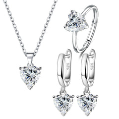Parure de Bijoux Coeur Argent Sterling 925 plaqué or blanc avec collier, boucles d’oreilles et bague ajustable avec zircons blancs