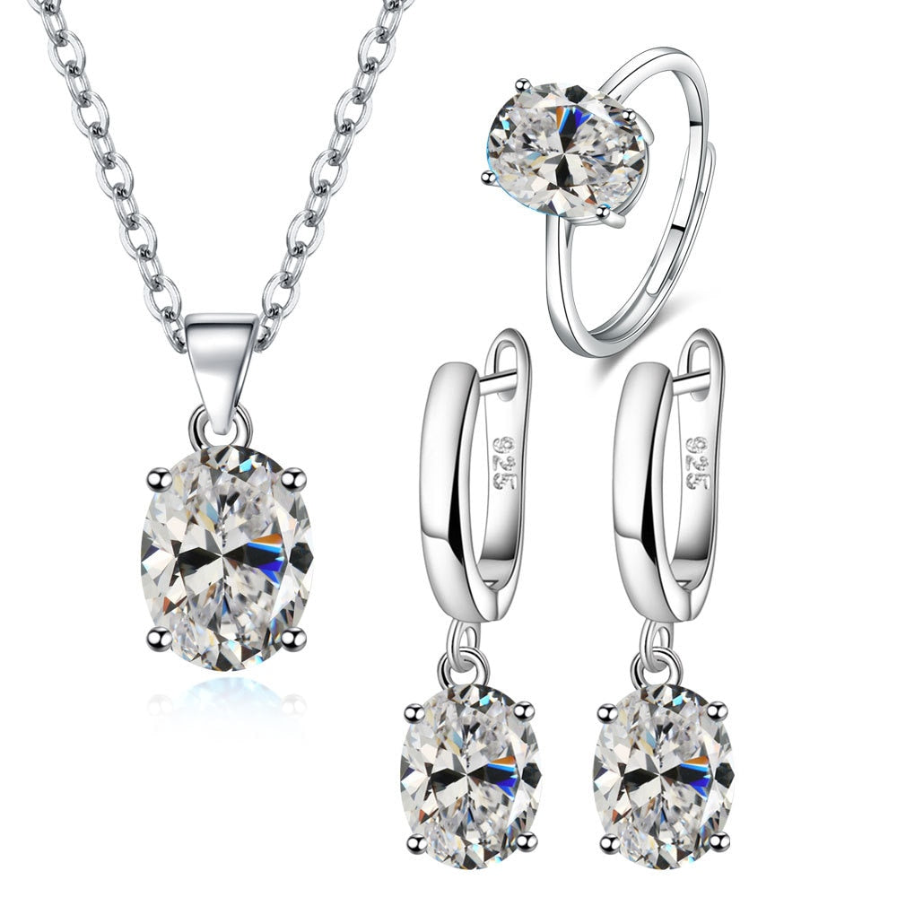 Parure de Bijoux Argent Sterling 925 plaqué or blanc avec collier, boucles d’oreilles et bague ajustable avec zircons blancs