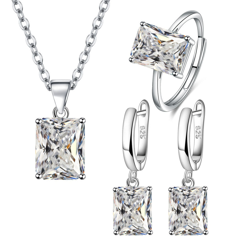 Parure de Bijoux Argent Sterling 925 plaqué or blanc avec collier, boucles d’oreilles et bague ajustable avec zircons blancs
